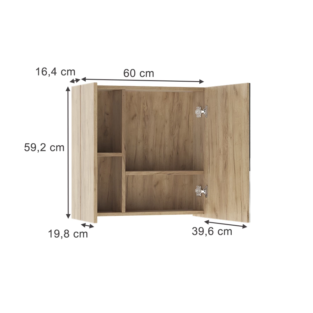Armoire de toilette en Chêne de force doré sur fond blanc avec dimensions visibles