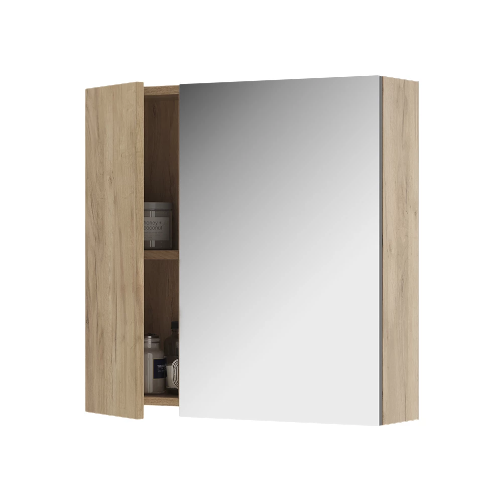 Armoire de toilette en Chêne de force doré sur fond blanc avec des éléments décoratifs