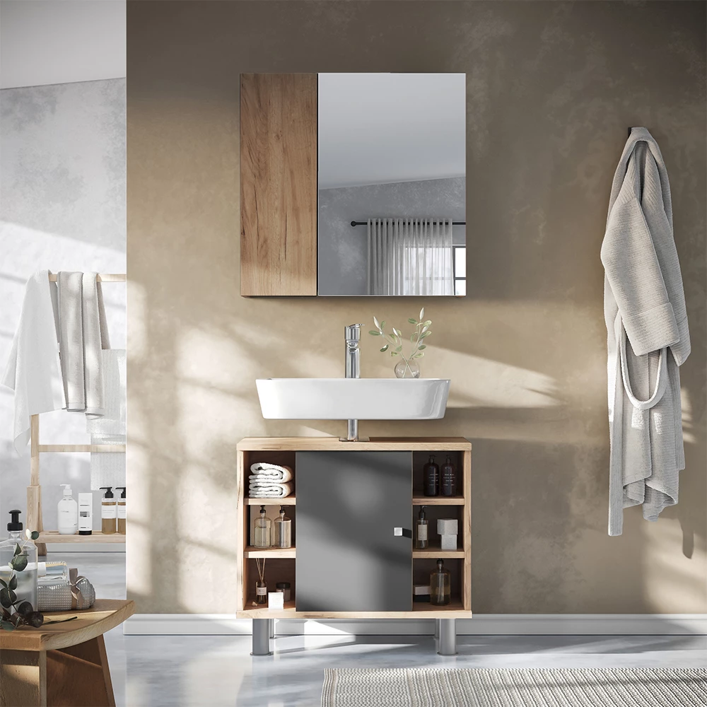 Vicco Armoire de toilette Chêne de force doré 60x59.2cm Avec étagères et 1 porte miroir, Leopold