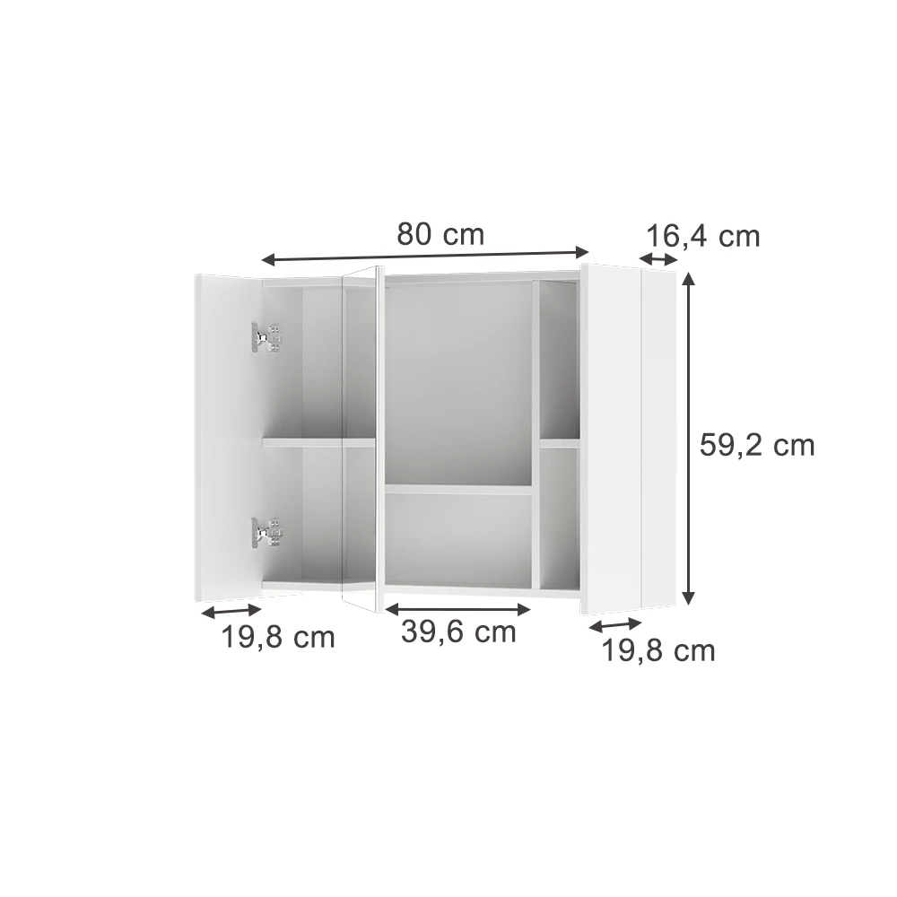 Armoire de toilette en Blanc sur fond blanc avec dimensions visibles