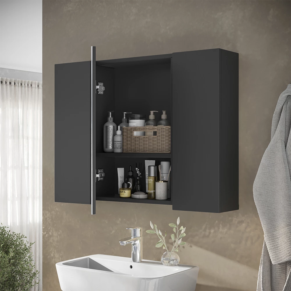 Nahaufnahme von Badspiegelschrank in Anthrazit, zeigt Design- und Oberflächendetails
