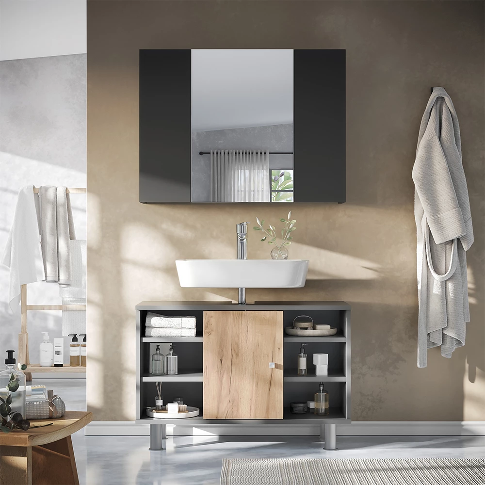 Vicco Badspiegelschrank Anthrazit 80 x 59.2 cm mit Regalen, Leopold