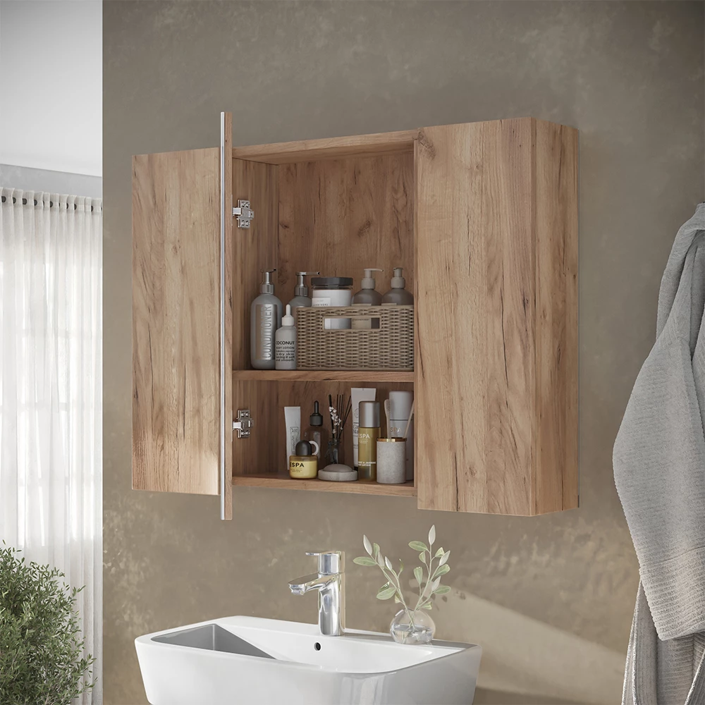 Primo piano di Specchio contenitore bagno in Quercia dorata, mostrando design e dettagli della superficie