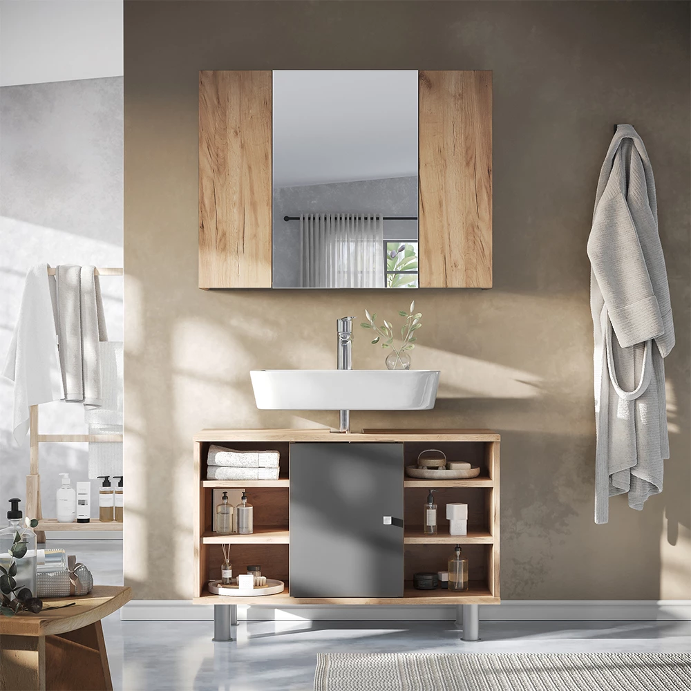 Specchio contenitore bagno Leopold Quercia dorata 80 x 59.2 cm con ripiani Vicco