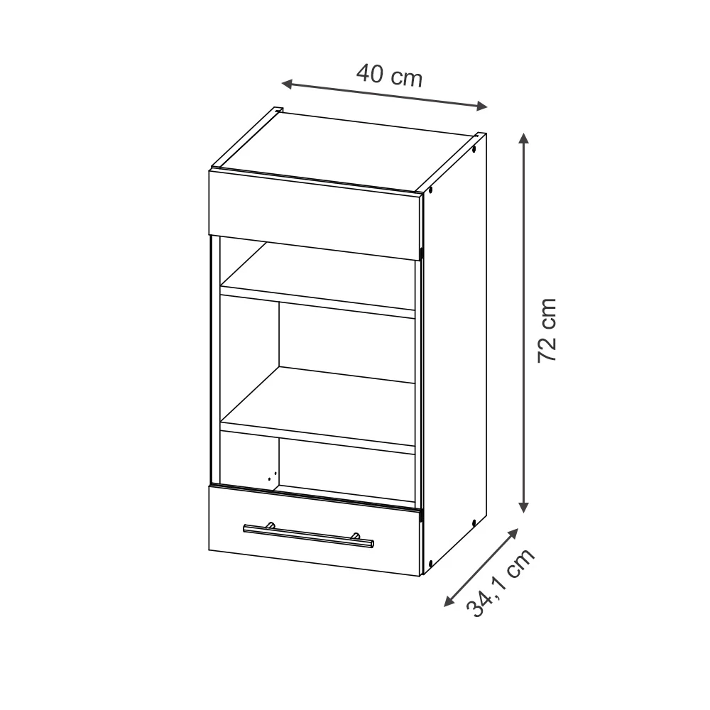 Glazen keukenkast in Donkergrijs on white background with visible dimensions