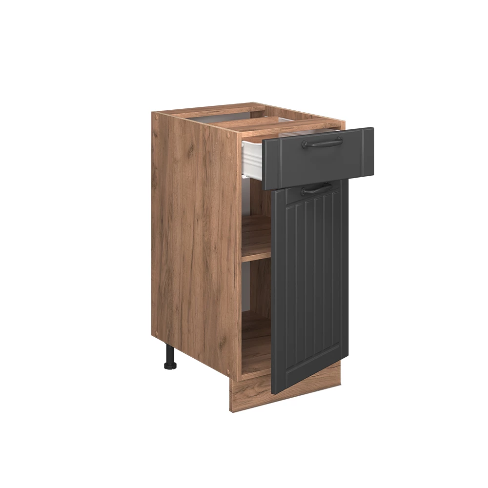 Meuble cuisine en Gris foncé sur fond blanc avec des éléments décoratifs