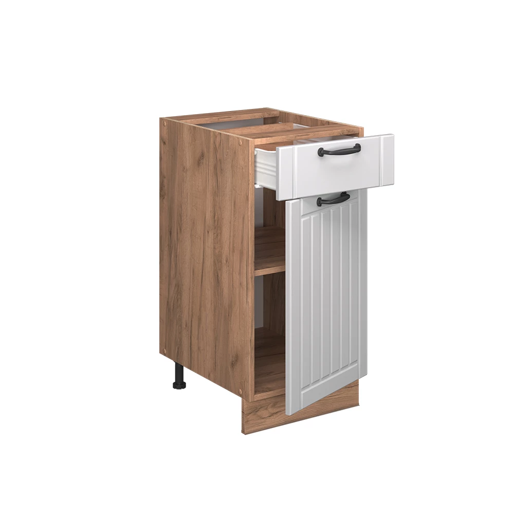 Meuble cuisine en Blanc campagne sur fond blanc avec des éléments décoratifs