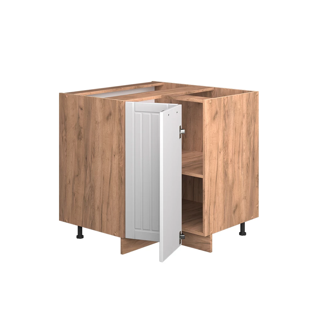 Meuble d'angle en Blanc campagne sur fond blanc avec des éléments décoratifs