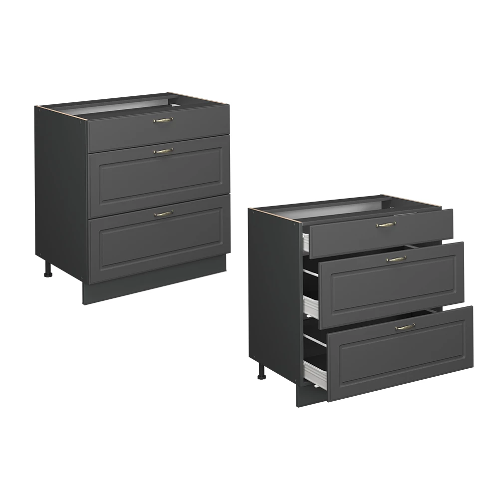 Keukenonderkast Fame-Line Anthrazit-Gold Landhaus 80 cm met 3 laden, zonder werkblad Vicco