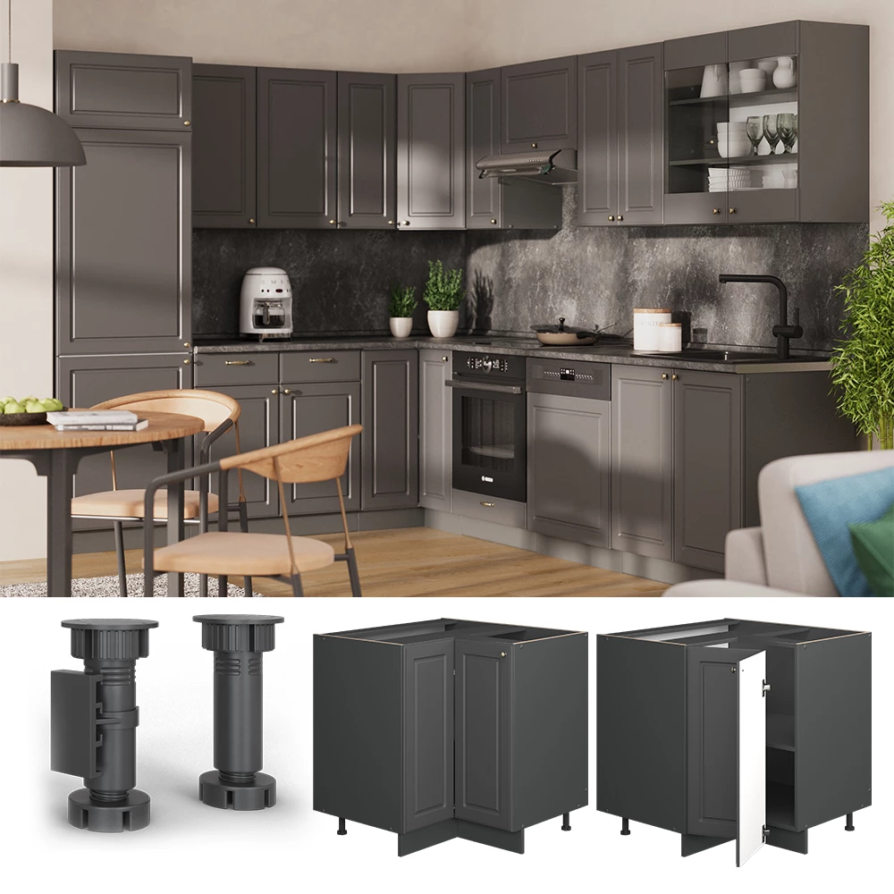 Dulap de bază de colț in Casă de țară antracit-aur on white background