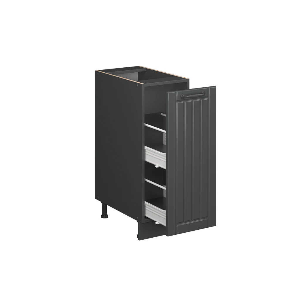 Meuble de cuisine en Gris foncé sur fond blanc avec des éléments décoratifs