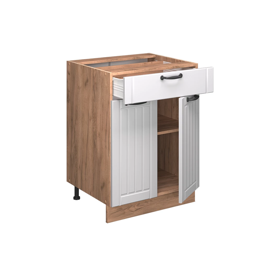 Meuble cuisine en Blanc campagne sur fond blanc avec des éléments décoratifs