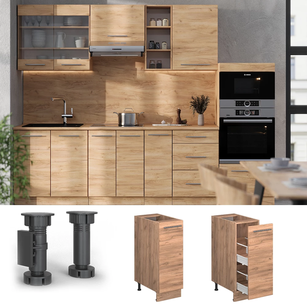 Armadio cucina dispensa alto in Quercia dorata shown in ambient setting with decoration