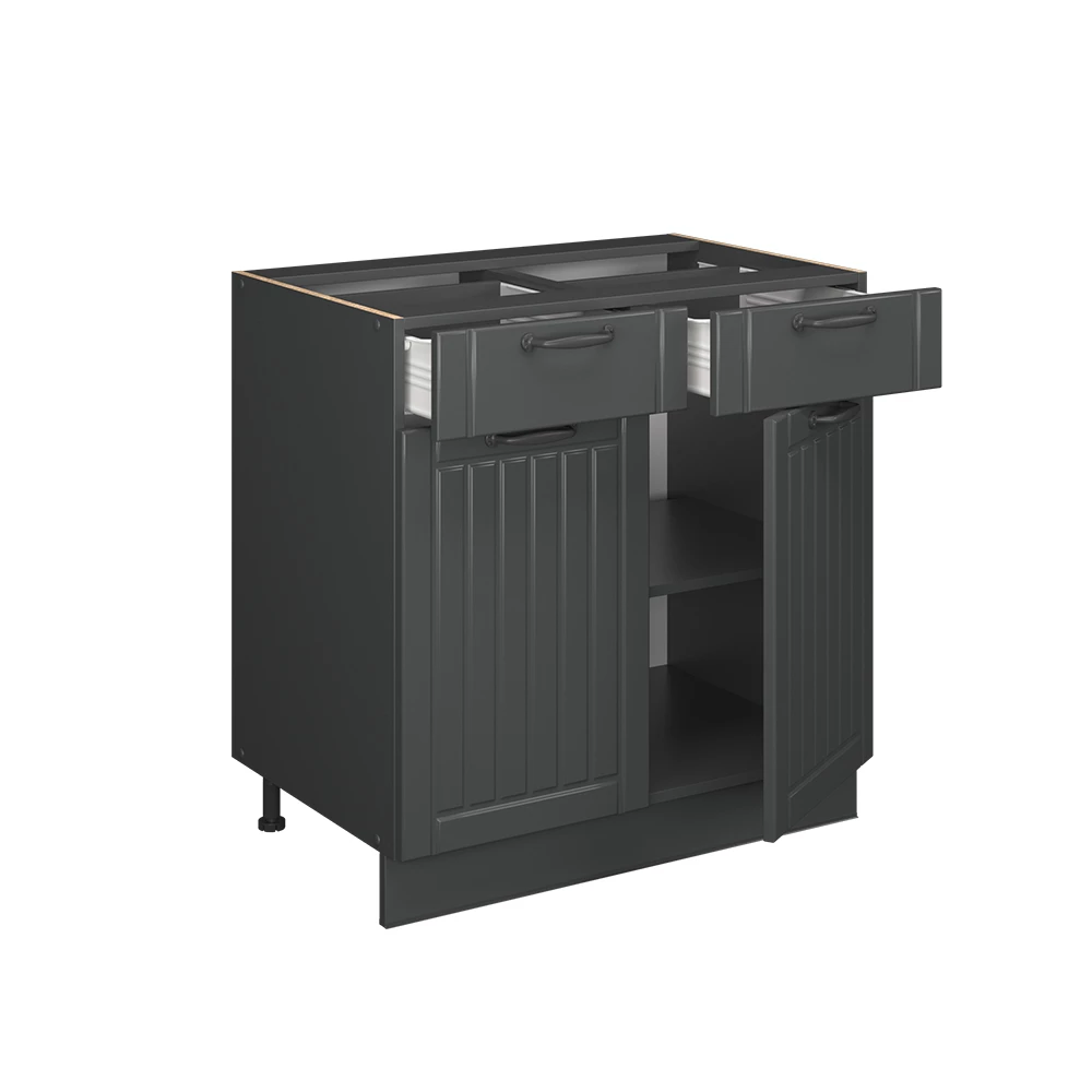 Meuble cuisine en Gris foncé sur fond blanc avec des éléments décoratifs