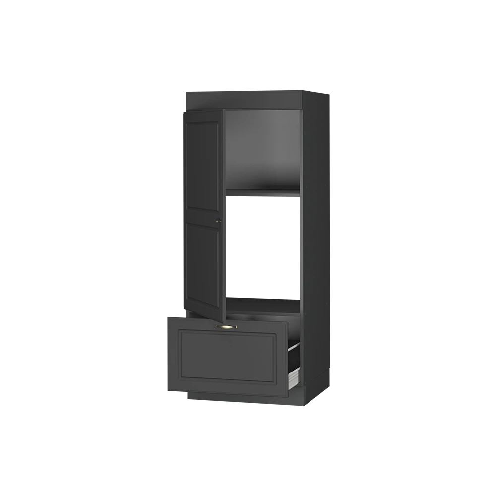Armoire micro-ondes en Anthrazit-Gold Landhaus sur fond blanc avec des éléments décoratifs