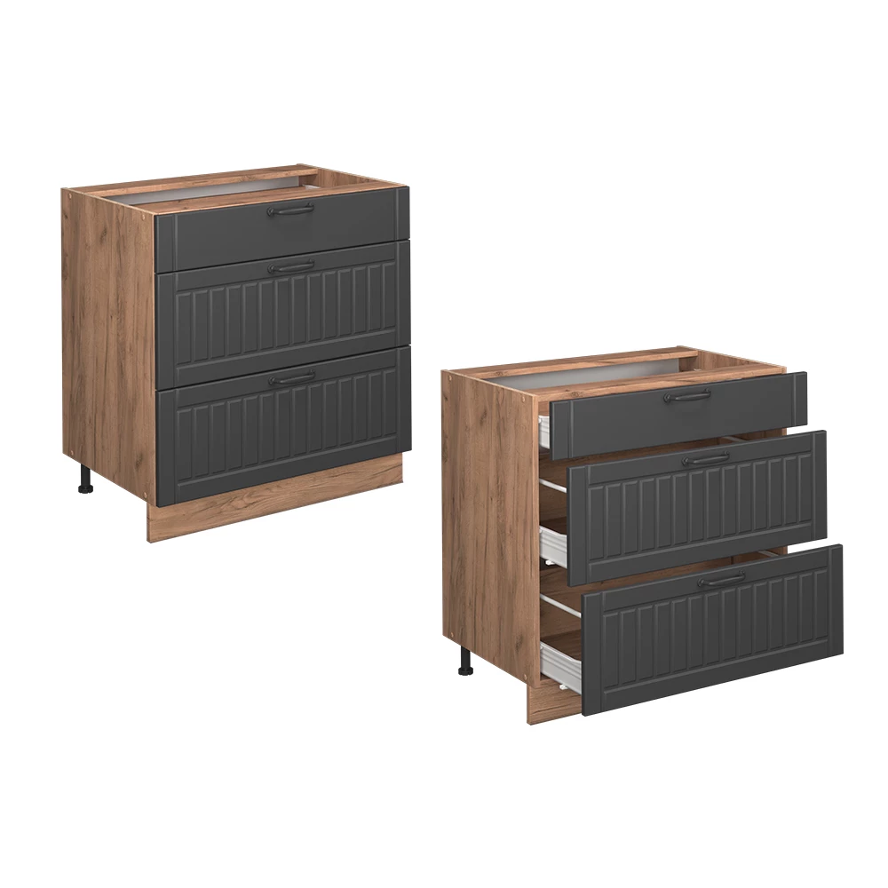Mobiletto base per cucina Fame-Line Grigio scuro/Rovere dorato 80 cm con 3 cassetti senza piano di lavoro Vicco