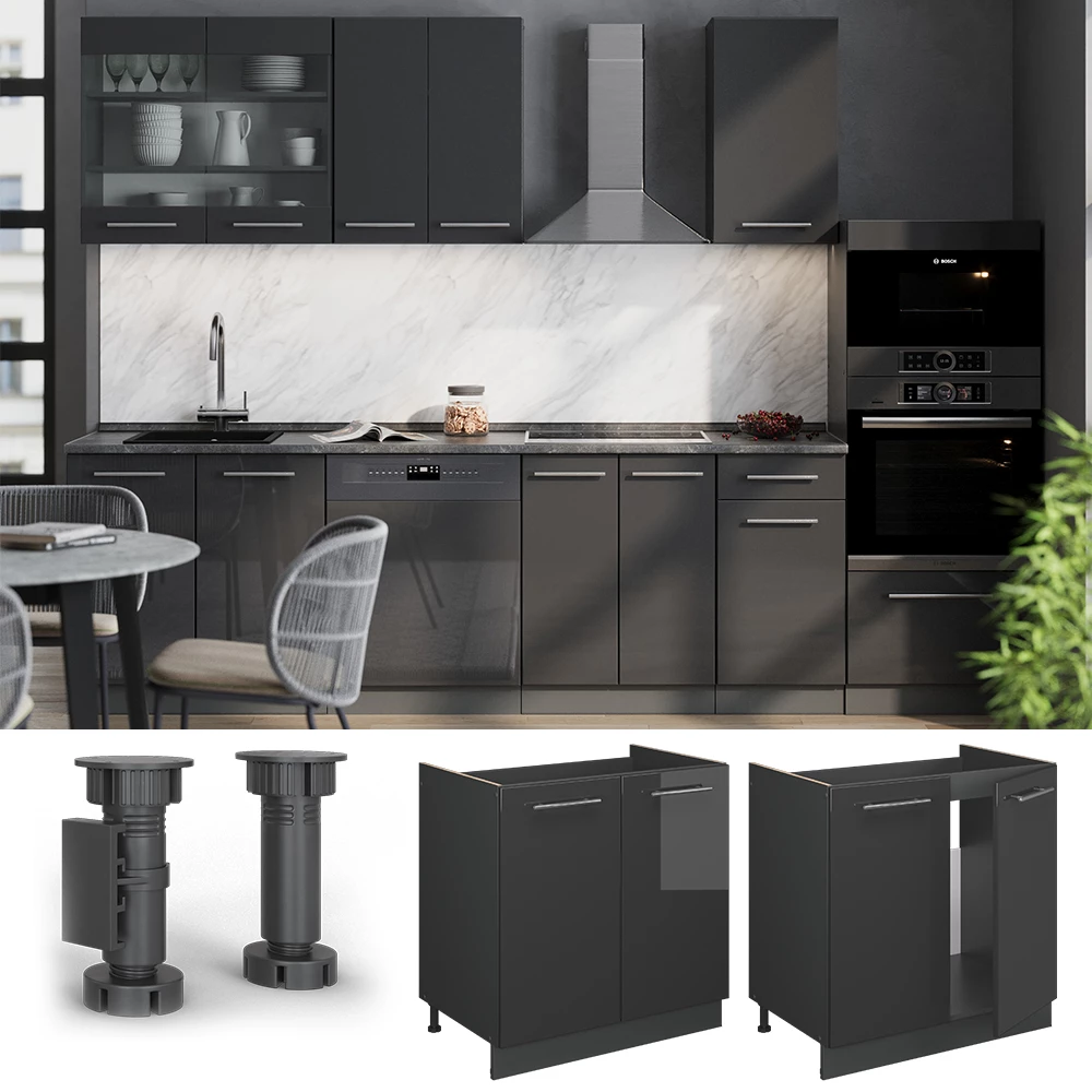 Mobile lavello cucina in Antracite lucido su sfondo bianco