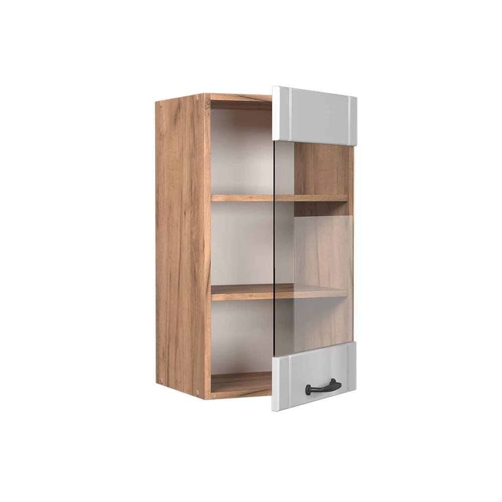 Armoire en verre en Blanc campagne sur fond blanc avec des éléments décoratifs