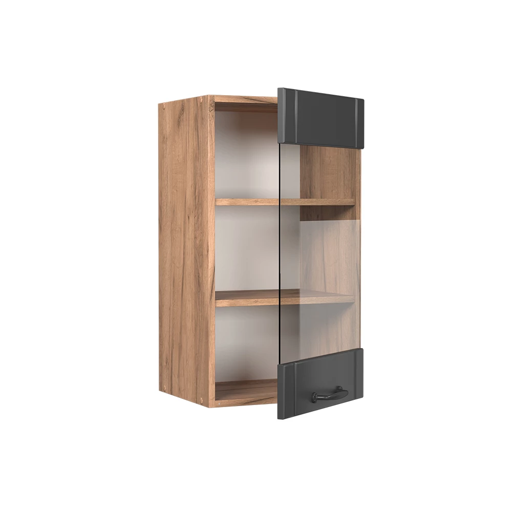 Glazen keukenkast in Donkergrijs on white background with decorative elements