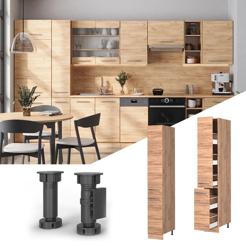 Meuble haute de cuisine en Chêne de force doré, présenté dans un décor ambiant et sur fond blanc