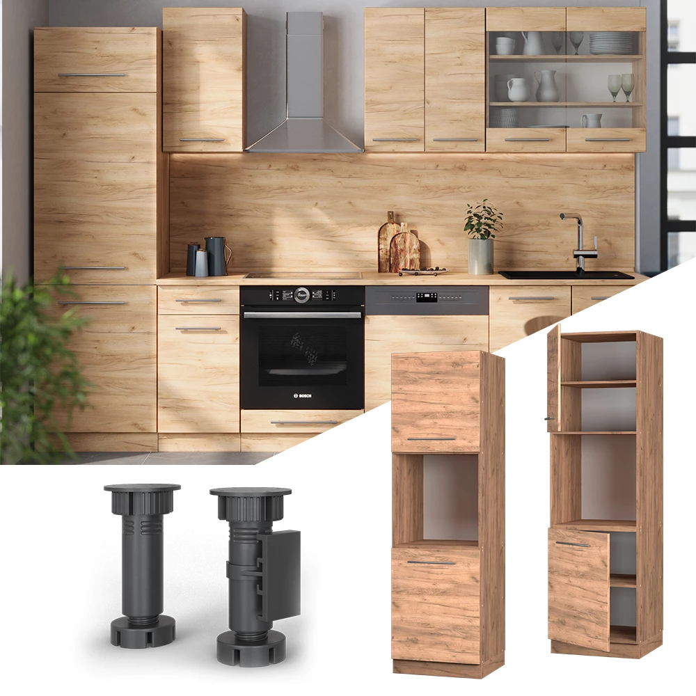 Meuble pour four en Chêne de force doré, présenté dans un décor ambiant et sur fond blanc