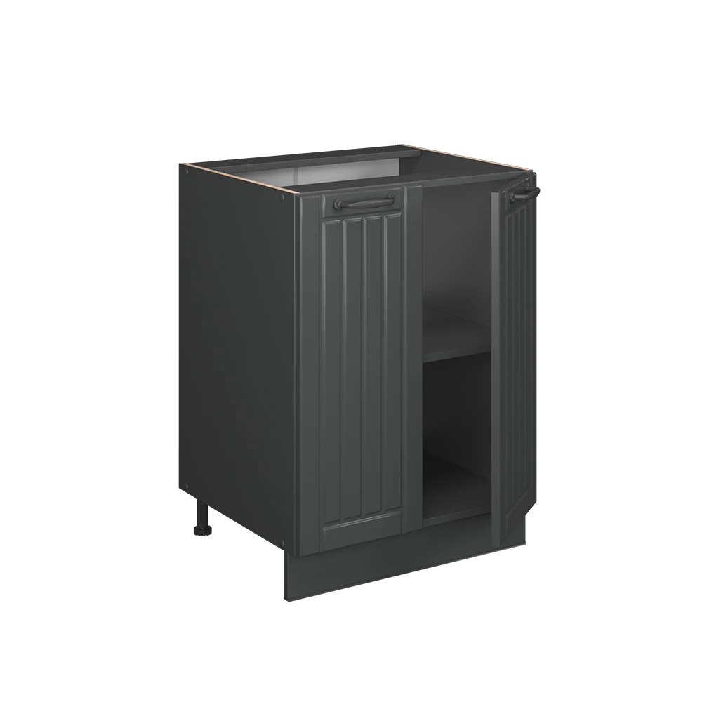 Meuble bas de cuisine en Gris foncé sur fond blanc avec des éléments décoratifs