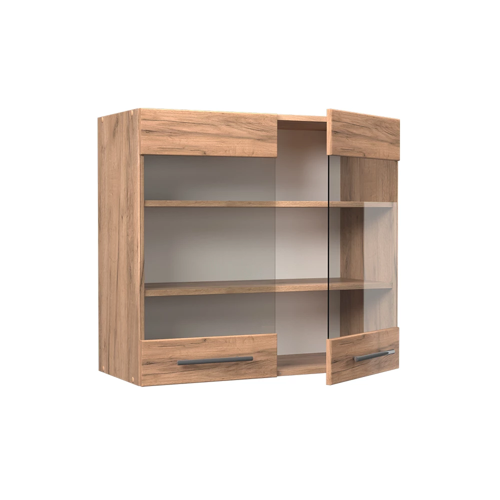 Armoire en verre en Chêne de force doré sur fond blanc avec des éléments décoratifs