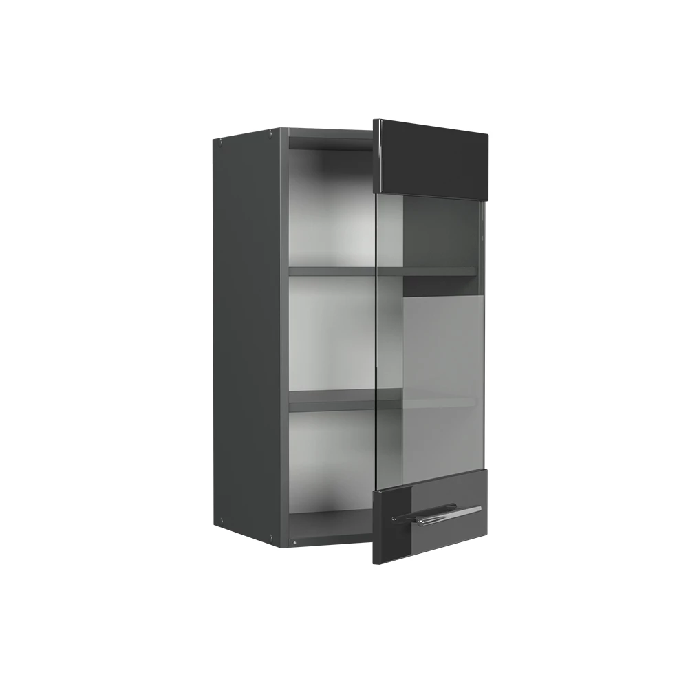 Glazen keukenkast in Antraciet Hoogglans on white background with decorative elements