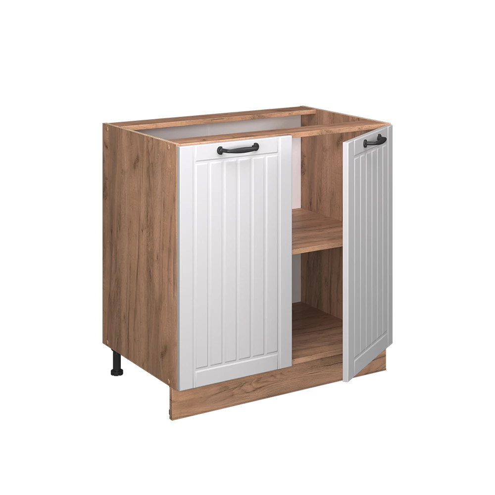 Meuble bas de cuisine en Blanc campagne sur fond blanc avec des éléments décoratifs