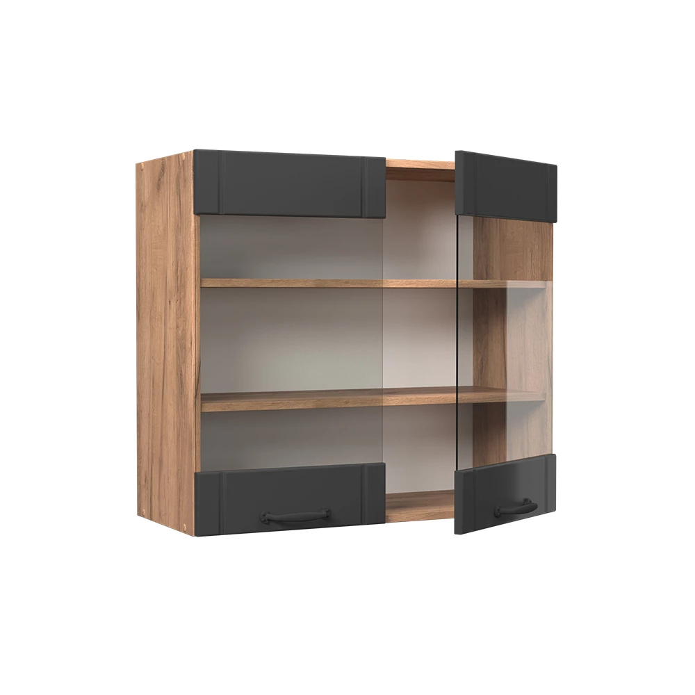 Armoire en verre en Gris foncé sur fond blanc avec des éléments décoratifs