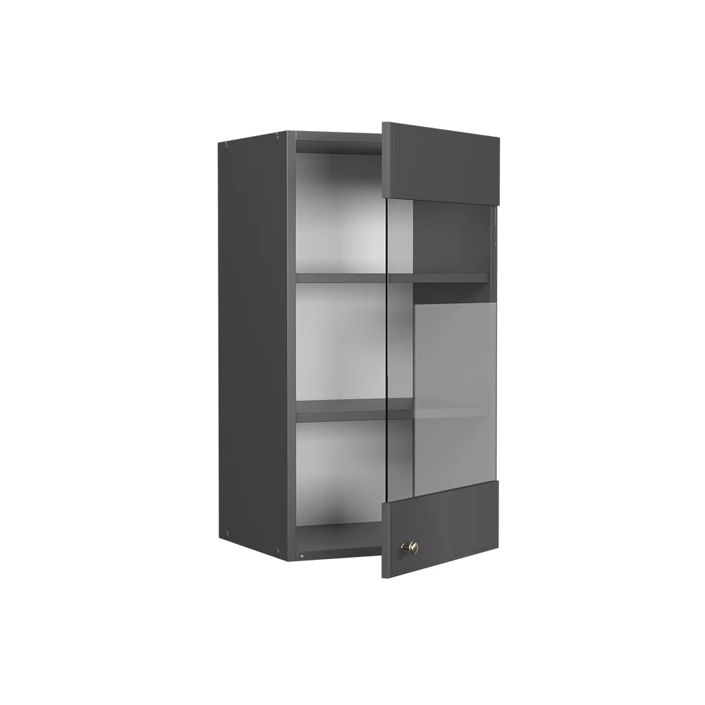 Armoire en verre en Anthrazit-Gold Landhaus sur fond blanc avec des éléments décoratifs