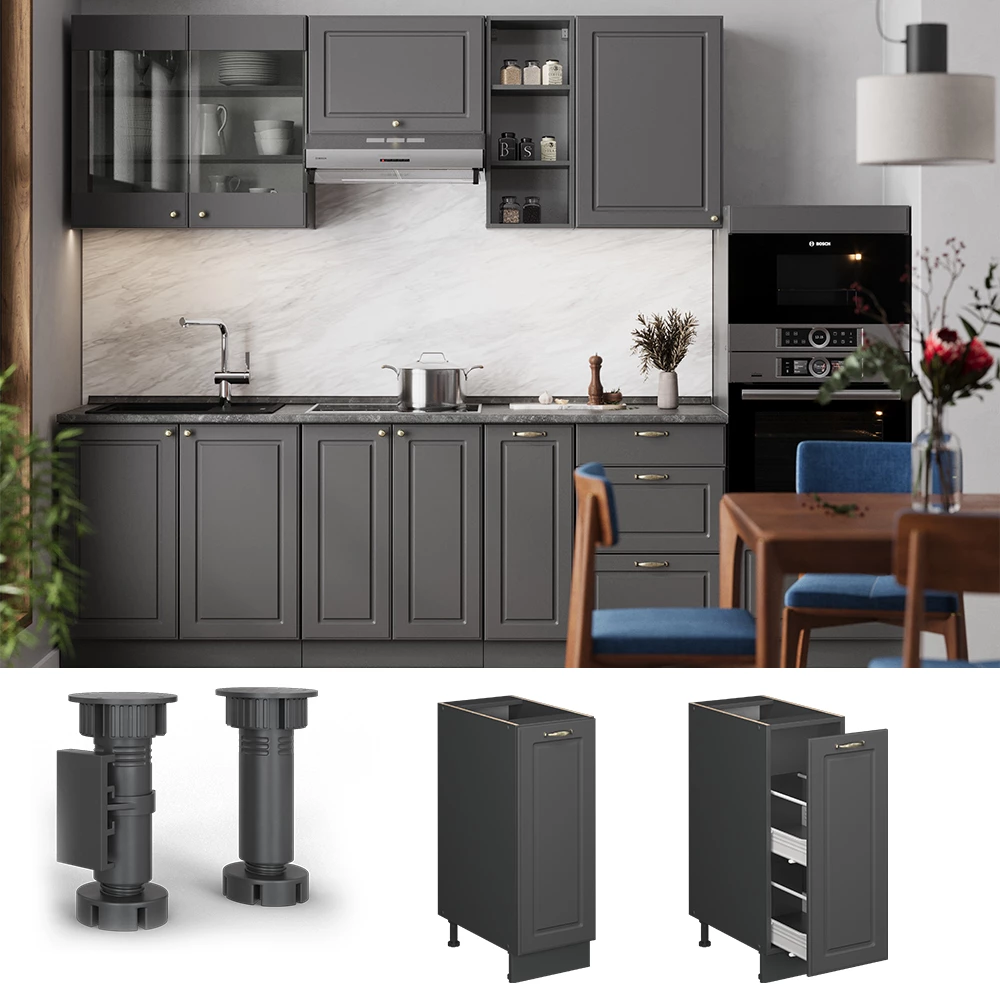 Apothekerschrank in Anthrazit-Gold Landhaus auf weißem Hintergrund