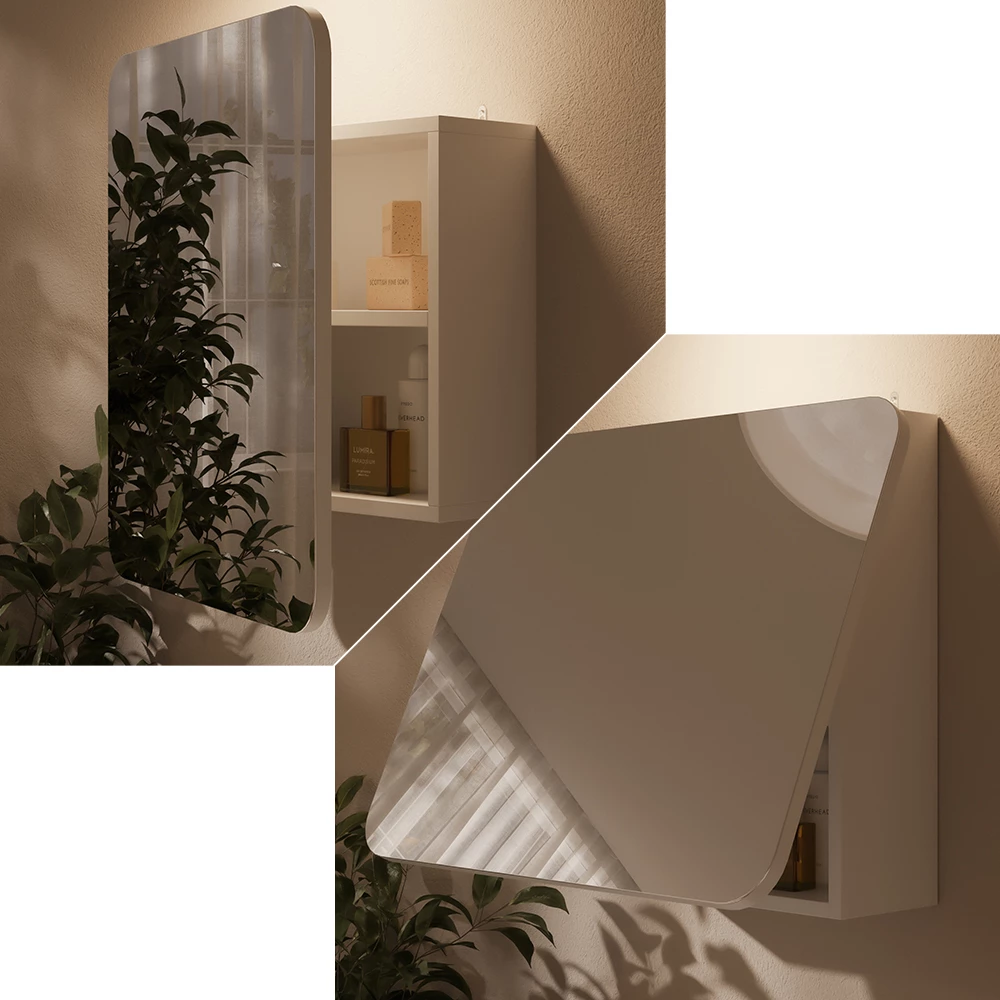 Nahaufnahme von Badspiegelschrank in Weiß, zeigt Textur/Details