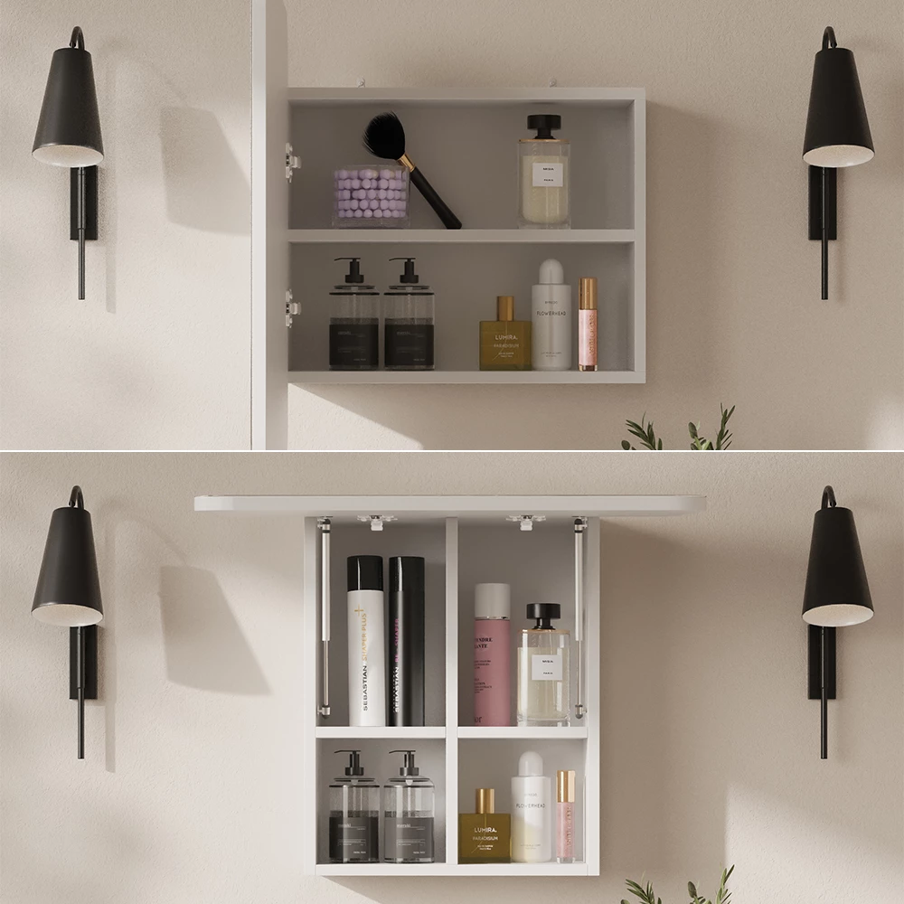 Nahaufnahme von Badspiegelschrank in Weiß, zeigt Design- und Oberflächendetails