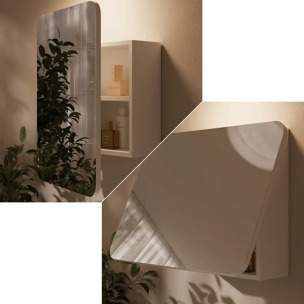 Nahaufnahme von Badspiegelschrank in Weiß, zeigt Textur/Details