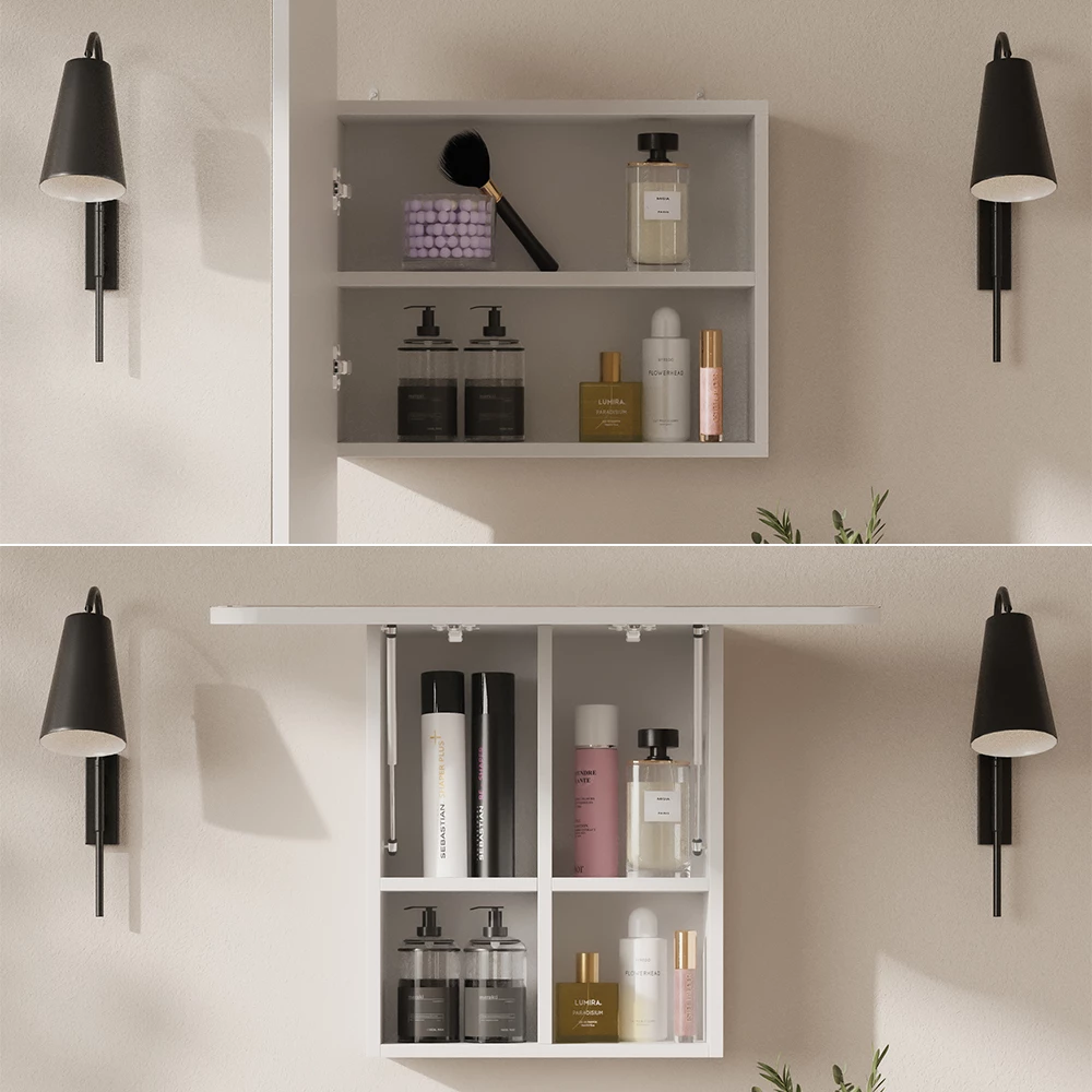 Nahaufnahme von Badspiegelschrank in Weiß, zeigt Design- und Oberflächendetails