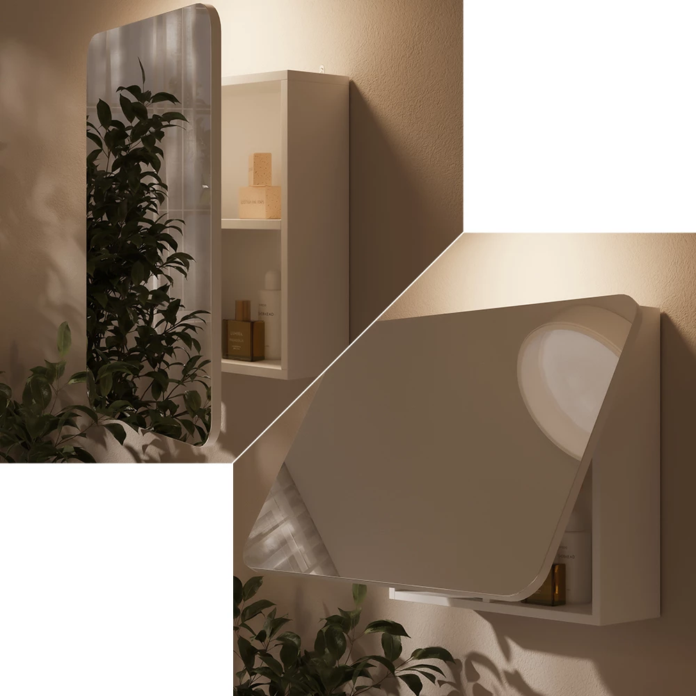 Primo piano di Specchio contenitore bagno in Bianco, mostrando texture/dettagli