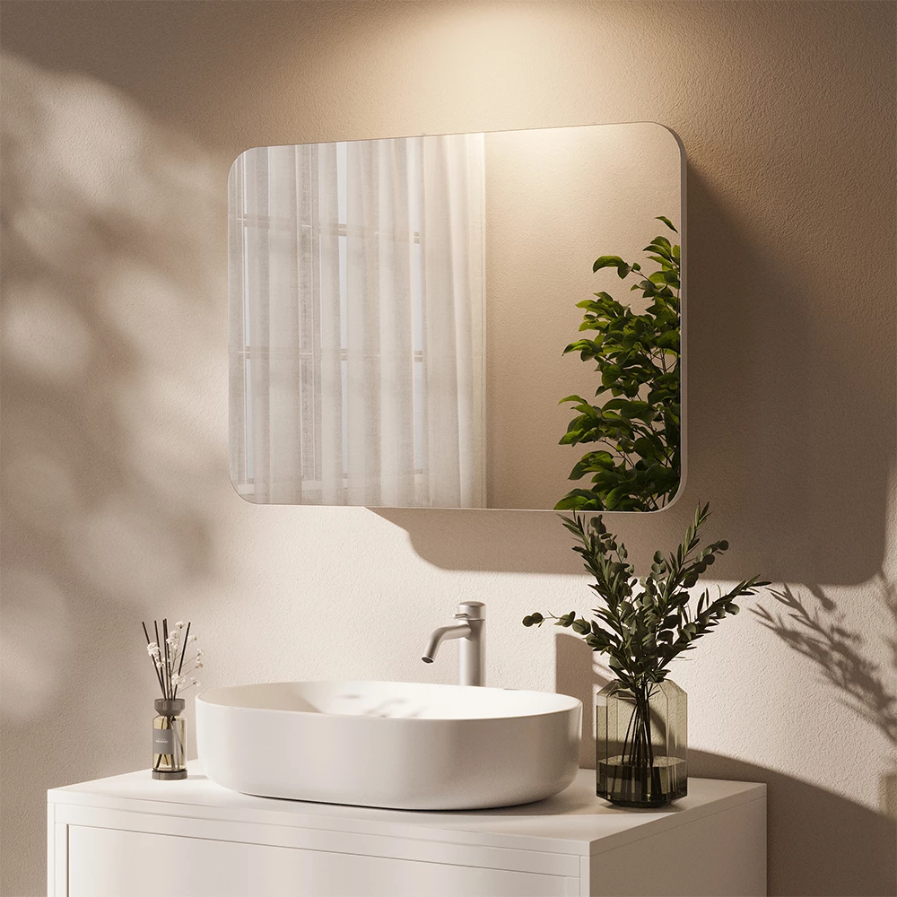 Specchio contenitore bagno in Bianco, mostrato in un ambiente ambientale con decorazioni