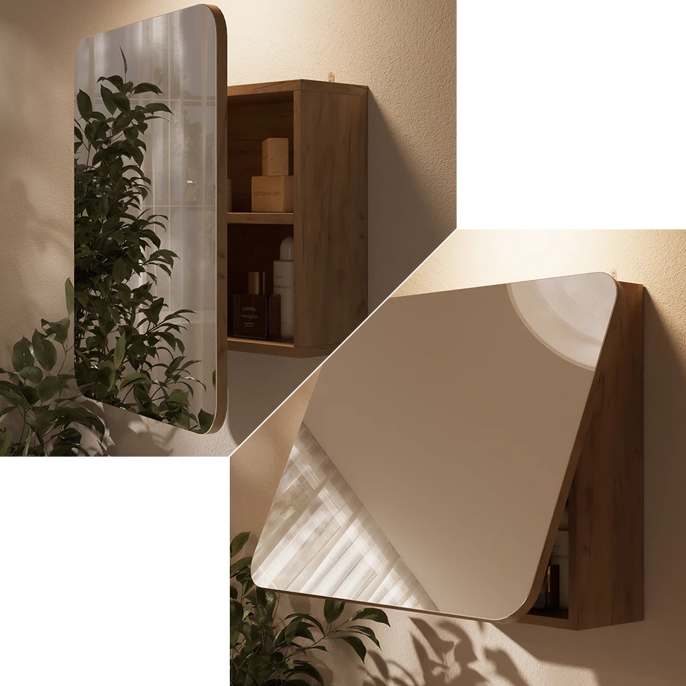 Nahaufnahme von Badspiegelschrank in Goldkraft Eiche, zeigt Textur/Details