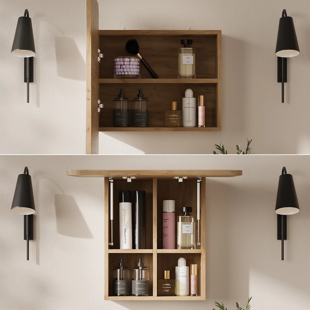 Nahaufnahme von Badspiegelschrank in Goldkraft Eiche, zeigt Design- und Oberflächendetails