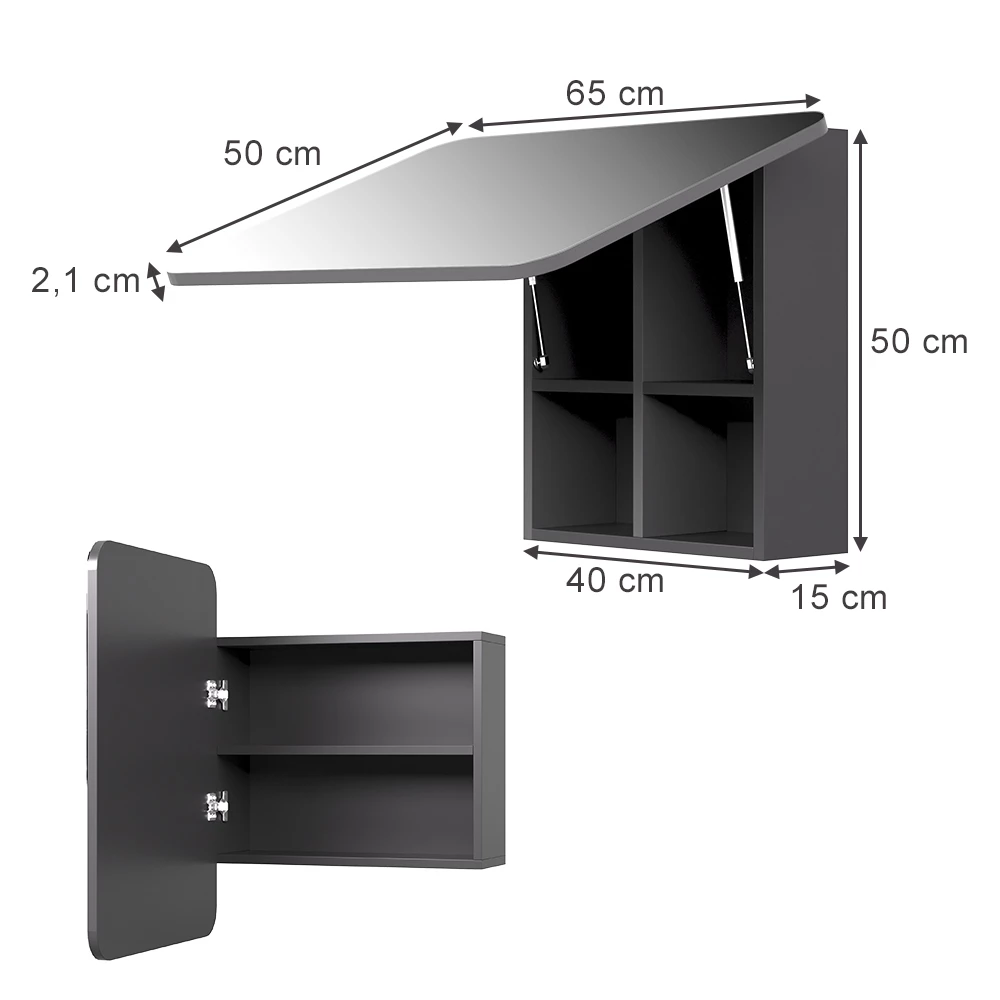 Badspiegelschrank in Anthrazit auf weißem Hintergrund mit sichtbaren Maßen