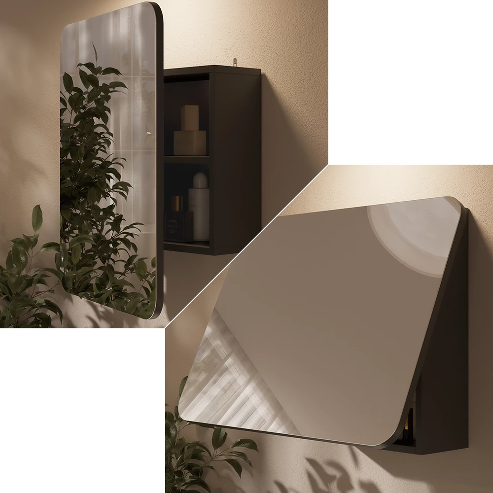 Nahaufnahme von Badspiegelschrank in Anthrazit, zeigt Textur/Details