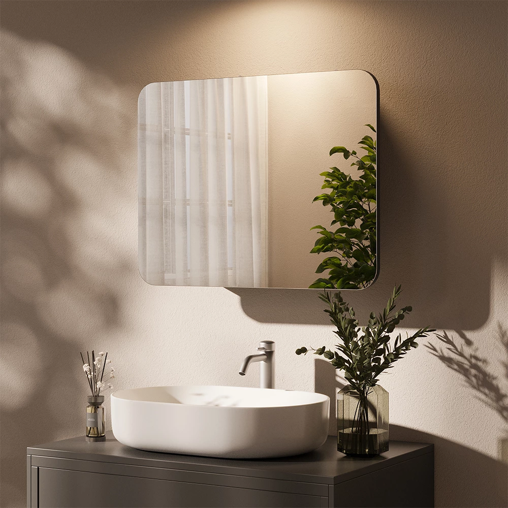 Badspiegelschrank in Anthrazit, dargestellt im Ambiente mit Dekoration