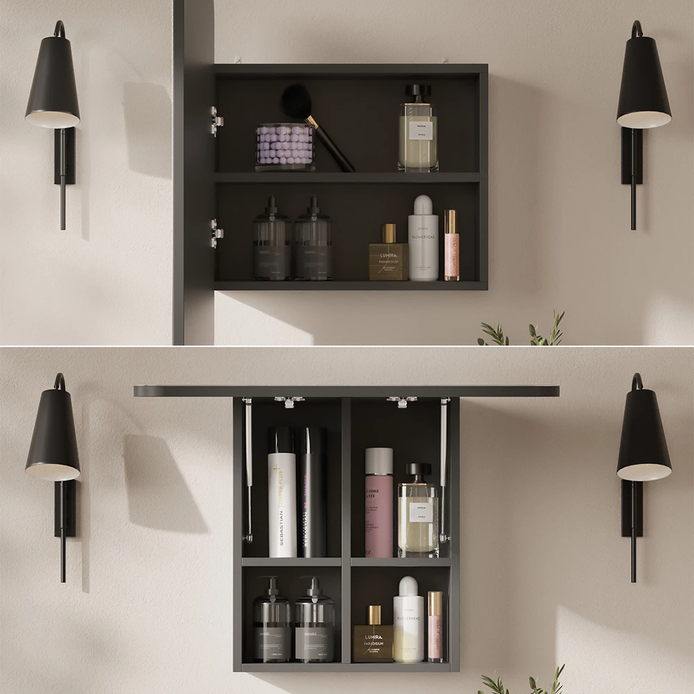 Nahaufnahme von Badspiegelschrank in Anthrazit, zeigt Design- und Oberflächendetails