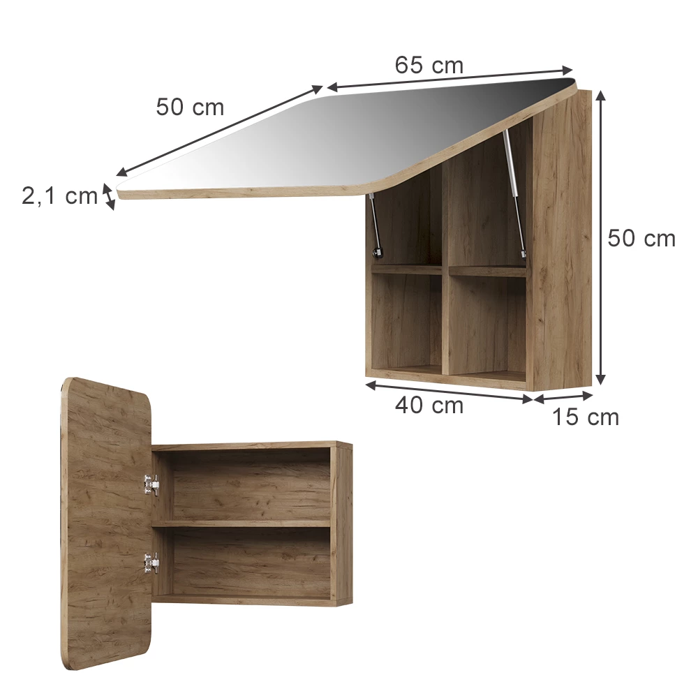 Badspiegelschrank in Goldkraft Eiche auf weißem Hintergrund mit sichtbaren Maßen