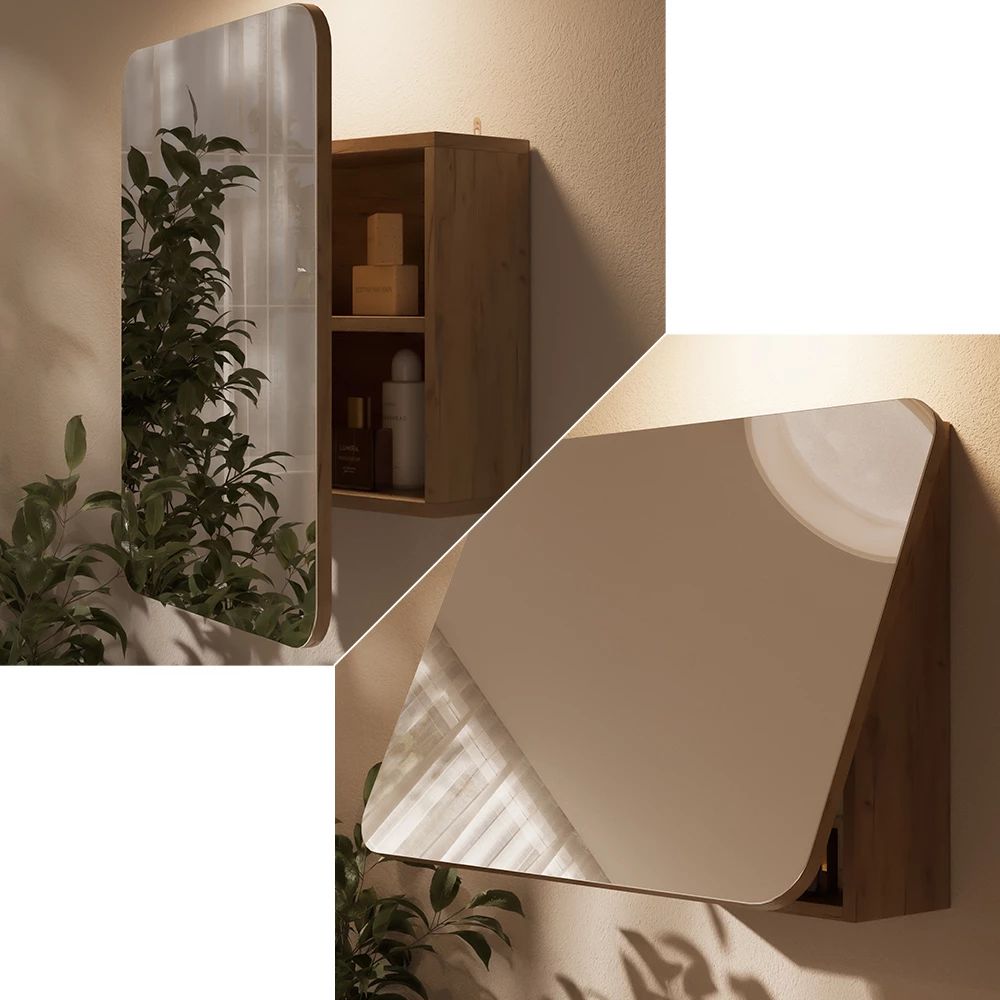 Nahaufnahme von Badspiegelschrank in Goldkraft Eiche, zeigt Textur/Details