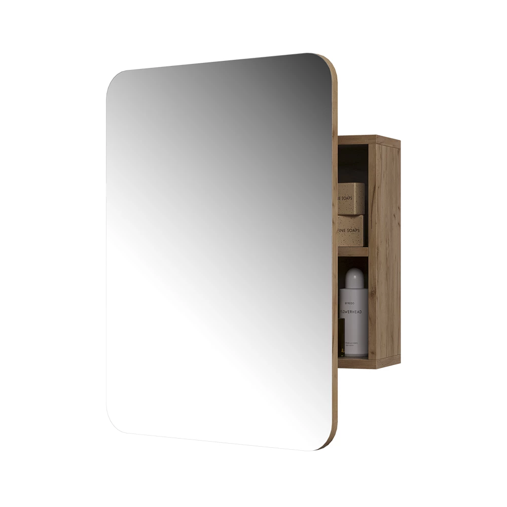 Badspiegelschrank in Goldkraft Eiche auf weißem Hintergrund mit dekorativen Elementen