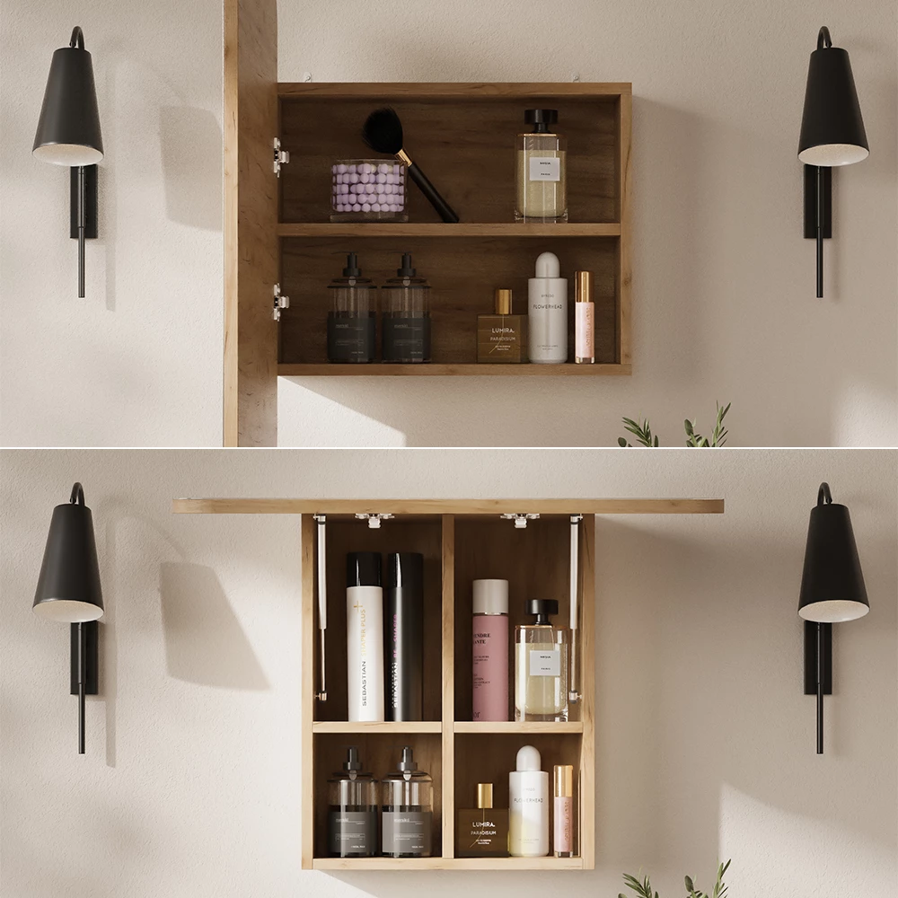 Nahaufnahme von Badspiegelschrank in Goldkraft Eiche, zeigt Design- und Oberflächendetails