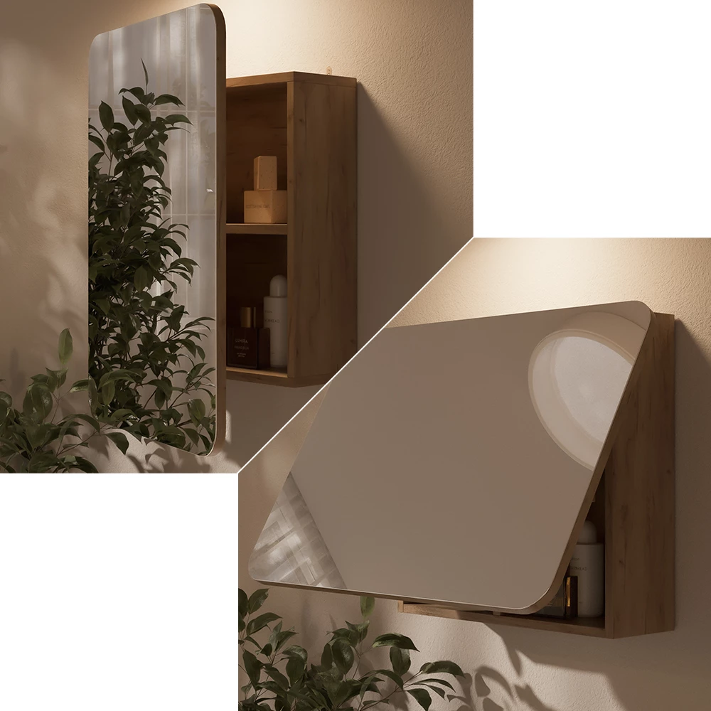 Nahaufnahme von Badspiegelschrank in Goldkraft Eiche, zeigt Textur/Details