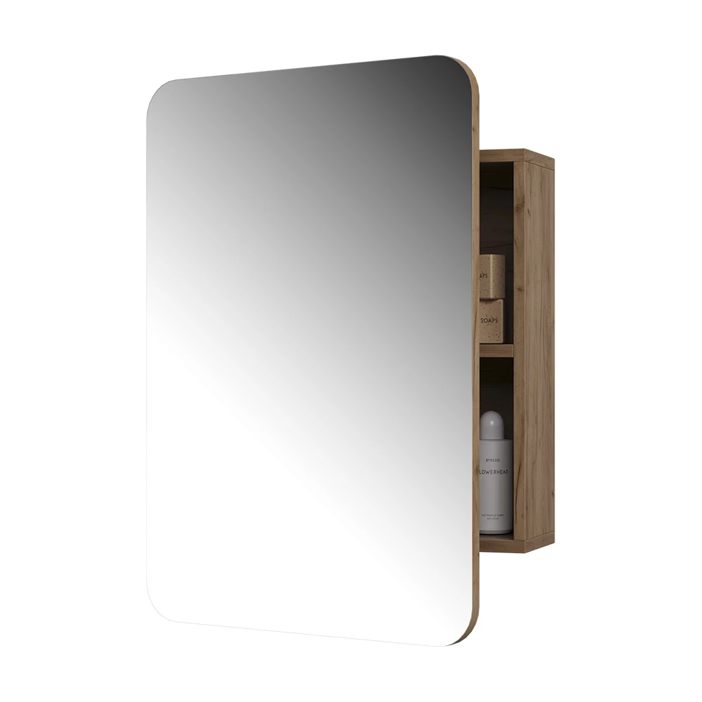 Badspiegelschrank in Goldkraft Eiche auf weißem Hintergrund mit dekorativen Elementen